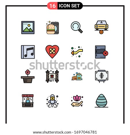 User Interface Pack of 16 Basic Flat Color Filled Lines of music; album; magnifier; vehicles; less Editable Creative Vector Design Elements