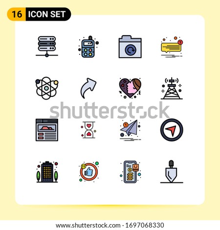 Universal Icon Symbols Group of 16 Modern Flat Color Filled Lines of science; biology; restore; atom; speech Editable Creative Vector Design Elements