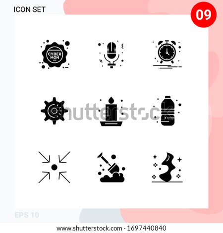 Pack of 9 Modern Solid Glyphs Signs and Symbols for Web Print Media such as dinner; candle; alarm; idea; gear Editable Vector Design Elements