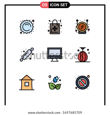 Modern Set of 9 Filledline Flat Colors and symbols such as device; computer; helmet; bread rolling pin; baking Editable Vector Design Elements