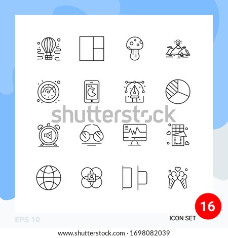 Group of 16 Outlines Signs and Symbols for stopwatch; blast; nature; mountain; hill Editable Vector Design Elements