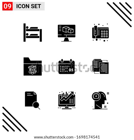 Editable Vector Line Pack of 9 Simple Solid Glyphs of day; calendar; phone; canada; science Editable Vector Design Elements