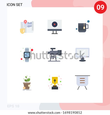 Pack of 9 Modern Flat Colors Signs and Symbols for Web Print Media such as telescope; scope; mug; astronomy; watch Editable Vector Design Elements