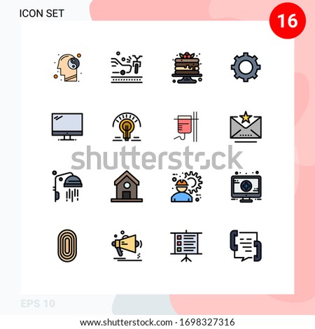 Group of 16 Modern Flat Color Filled Lines Set for device; computer; cake; gear; cog Editable Creative Vector Design Elements