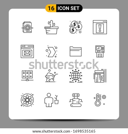 Set of 16 Vector Outlines on Grid for page; inbox; coins; browser; web Editable Vector Design Elements