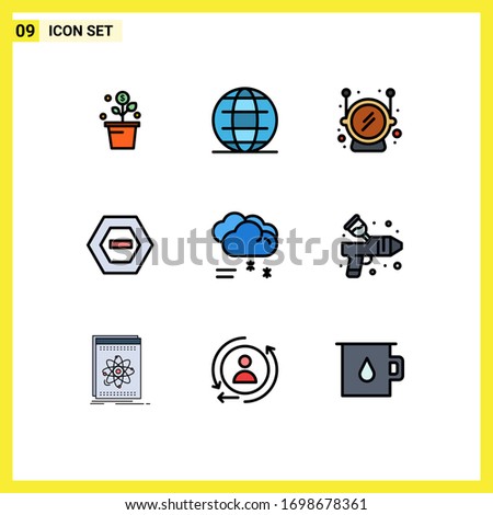 Group of 9 Filledline Flat Colors Signs and Symbols for forecast; data; world; minus; hexagon Editable Vector Design Elements