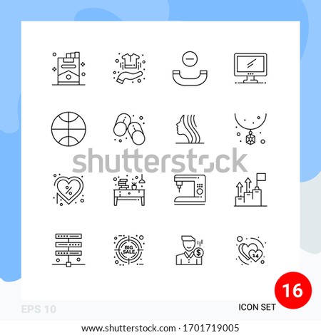 Pack of 16 Modern Outlines Signs and Symbols for Web Print Media such as basketball; imac; shirt; device; computer Editable Vector Design Elements