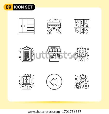 Set of 9 Vector Outlines on Grid for movie; clip board; celebrate; report; document Editable Vector Design Elements