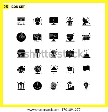 Modern Set of 25 Solid Glyphs Pictograph of money growth; growth; map pin; flower; imac Editable Vector Design Elements