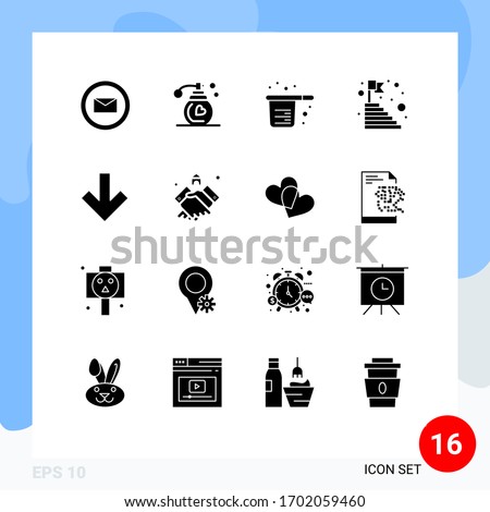 Editable Vector Line Pack of 16 Simple Solid Glyphs of down; success; cooking; steps; top Editable Vector Design Elements