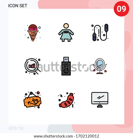 Pack of 9 creative Filledline Flat Colors of love; usb; fitness; flash drive; search Editable Vector Design Elements