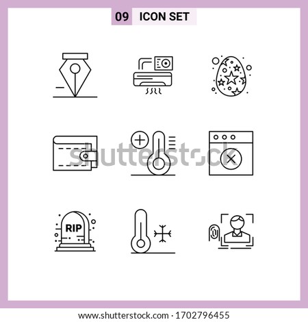 Editable Vector Line Pack of 9 Simple Outlines of app; plus; egg; climate; money Editable Vector Design Elements