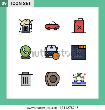 Modern Set of 9 Filledline Flat Colors and symbols such as browser; minus; telephone; less; car Editable Vector Design Elements