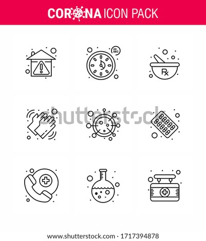 Coronavirus awareness icons. 9 Line icon Corona Virus Flu Related such as  care; washing; timer; medical; preparing viral coronavirus 2019-nov disease Vector Design Elements