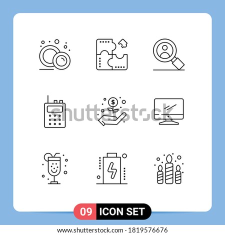 9 Universal Outline Signs Symbols of money; hand; puzzle; walkie talkie; communication Editable Vector Design Elements