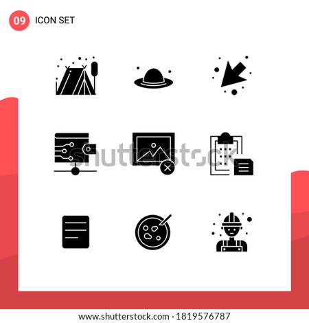 Group of 9 Solid Glyphs Signs and Symbols for document; photo; down; image; wallet Editable Vector Design Elements