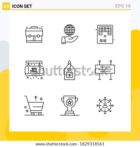 Group of 9 Modern Outlines Set for interface; dollar; fun; tag; grand sale Editable Vector Design Elements