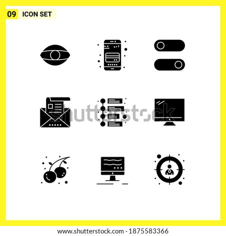 Group of 9 Modern Solid Glyphs Set for marketing; letter; control; envelope; communication Editable Vector Design Elements