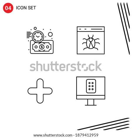 4 User Interface Line Pack of modern Signs and Symbols of budget estimate; add; time; bug; plus Editable Vector Design Elements