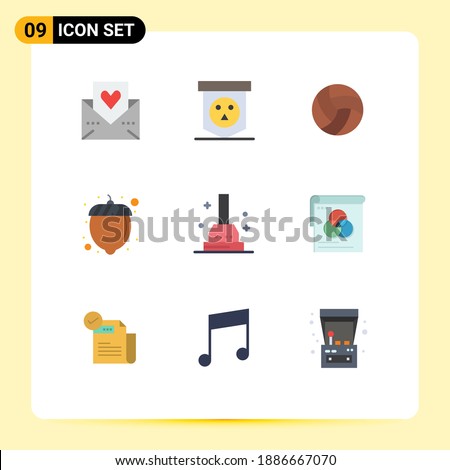 9 User Interface Flat Color Pack of modern Signs and Symbols of plunger; nut; skull; hazelnut; sport Editable Vector Design Elements
