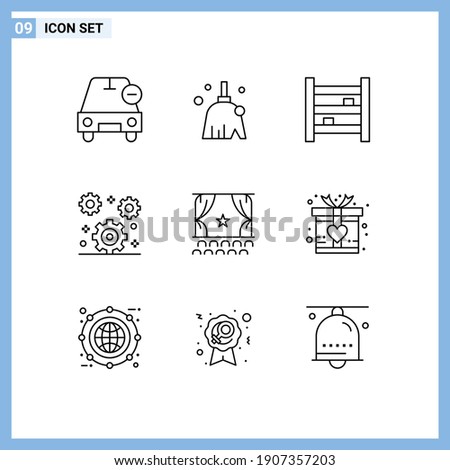 Mobile Interface Outline Set of 9 Pictograms of setting; gear; sweep; cog; interior Editable Vector Design Elements