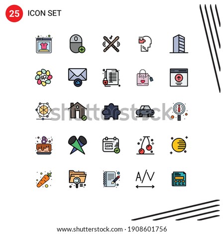 Modern Set of 25 Filled line Flat Colors and symbols such as buildings; puzzle; drum; mind; human Editable Vector Design Elements