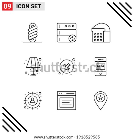 Mobile Interface Outline Set of 9 Pictograms of card; left; loaf; down; lighting home Editable Vector Design Elements
