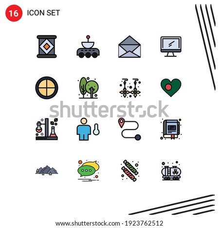 Pack of 16 Modern Flat Color Filled Lines Signs and Symbols for Web Print Media such as door; pc; message; imac; monitor Editable Creative Vector Design Elements