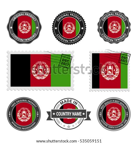 Vector set of made in the Afghanistan labels. Approved Product, Original Product Stamps label design. country flag air mail stamp, vector illustration