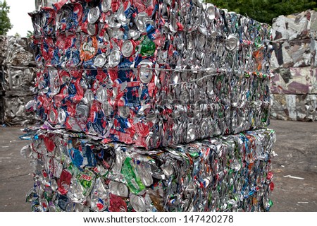 FAIRFAX, VA - JULY 24: Bales of crushed aluminum cans waiting at an undisclosed recycling facility on July 24, 2013 in Fairfax, VA. The cans will be sent to an aluminum foundry.