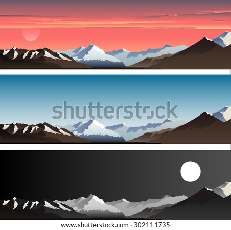 Set horizontal banners of mountains landscape. Sunrise in the mountains. Sunset in the mountains. Night in the mountains. Daily mountains. Banners for advertising.