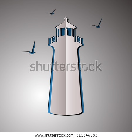 illustration of lighthouse. Lighthouse design. Lighthouse and birds. Lighthouse logo. Cut paper.