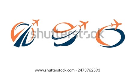 Airplane world travel agency logo. Flight plane trip globe vector.