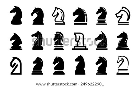 Set of Chess knight horse piece icon logo vector silhouette black head