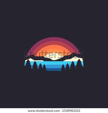 Lake water pine forest with sunrise sunset mountain landscape logo vector