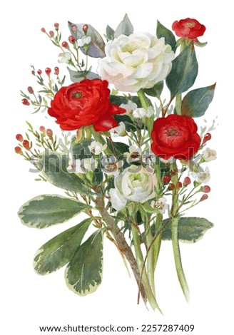 Bouquet of white and red flowers isolated on white background. Botanical watercolor painting for the design of cards, wall prints, packaging and other your design.