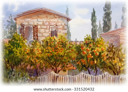 Landscape. House with orange garden. Watercolor painting.