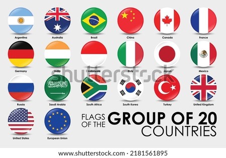 Flags of the G20 Countries Vector illustration. Round shaped flags