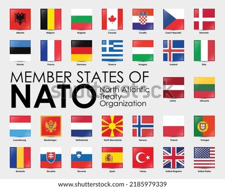 Vector illustration of square shape flags of the 30 Member states of NATO on gray background