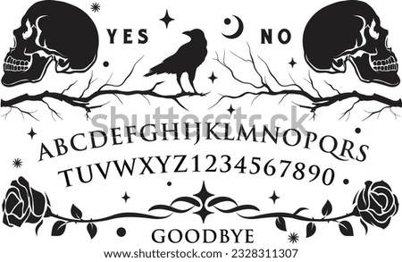 Graphic template inspired by Ouija Board. skeleton skull with crow and roses surrounded by moon and stars texts and alphabet. Gothic typography. Ghosts and demons calling game.
