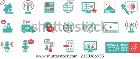 Media and news icon set. Vector illustration Containing media, streaming, newspaper, microphone and more. Solid icon simple style.