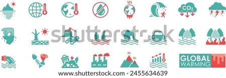 Global warming Icon set Solid icon simple style. Vector illustration Contains CO2, thunderstorm, world, destroy, Factory, Iceberg, Polar bear