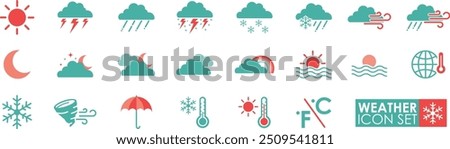 WEATHER - Solid icon with simple style. The set contains icons: Sun, Moon, Cloud, Winter, Umbrella, Snowflake, Sunrise, Wind. vector illustration