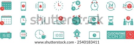 Clock and Time icon set. Solid icon style. It contains a Timer, alarm, schedule, hourglass, and clock icons