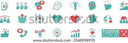 Positive icons set in solid style, It contains optimism, being loved, a healthy lifestyle, happiness, a positive mindset, and more