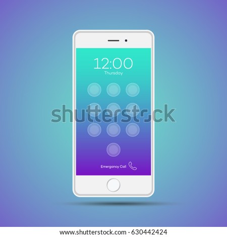 Elegant smartphone with colorful security lock screen. White mobile iphon isolated, realistic vector design on red, orange background.