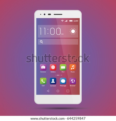 Elegant smartphone with colorful screen icons, applications. Mobile phone isolated, realistic vector design on purple, blue background