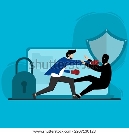 the concept of protecting data. data leak. Cybersecurity digital file protection. man protects data by punching thief who wants to access digital files