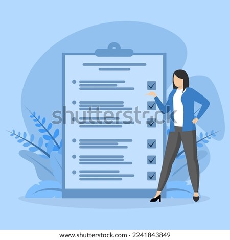 woman ticks checkbox in achievement list notepad paper. Self-assessment concept, evaluate yourself for personal development or work improvement concept.
