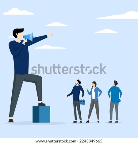 giant businessman manager using megaphone to command employees, dominant leader, bossy manager using authority power to command and control employees to work, contrast and conflict management concept.
